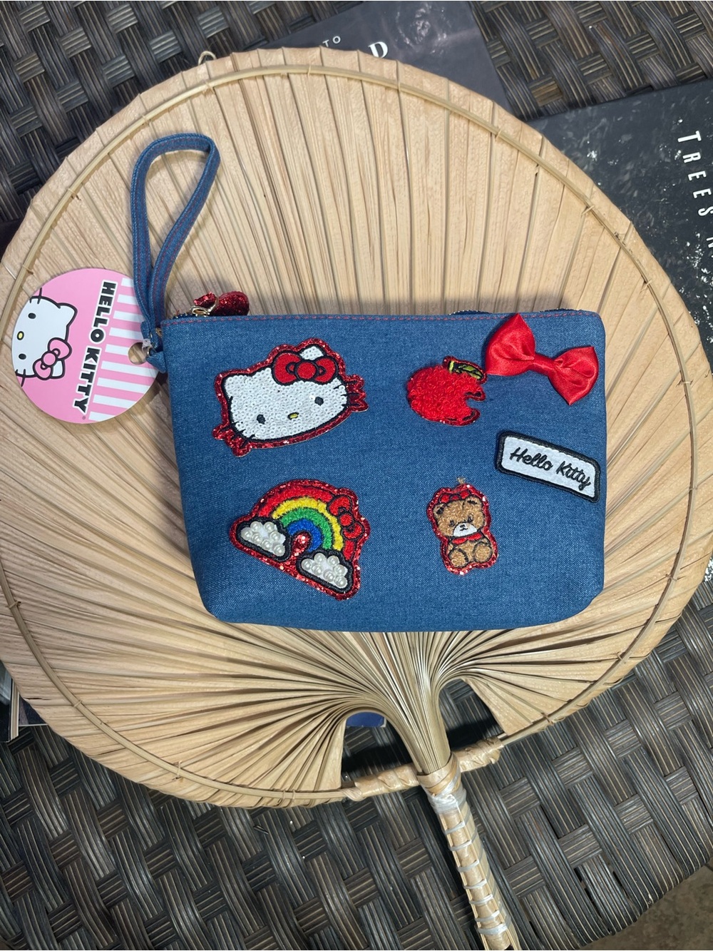 Hello Kitty Denim Wristlet Pouch with Rainbow & Patch Accents - Blue